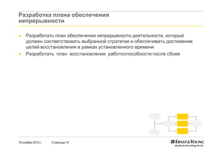 18 ноября 2010 г. Страница 15
Разработка плана обеспечения
непрерывности
► Разработать план обеспечения непрерывности деятельности, который
должен соответствовать выбранной стратегии и обеспечивать достижение
целей восстановления в рамках установленного времени
► Разработать план восстановления работоспособности после сбоев
 