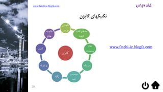 www.fatehi-ie.blogfa.com
20
‫کایزن‬ ‫تکنیکهای‬
‫كایزن‬
‫نگهداري‬
‫ور‬ ‫بهره‬ ‫حلقه‬‫كنترل‬ ‫هاي‬
‫كيفيت‬
‫نظام‬
‫پيشنهادات‬
‫سيگما‬ ‫شش‬
‫بدون‬ ‫توليد‬
‫نقص‬
5S
‫پوكایوك‬‫ه‬
‫كانبان‬
‫به‬ ‫توليد‬
‫هنگام‬
www.fatehi-ie.blogfa.com
 