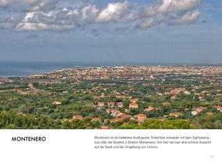 Montenero ist ein beliebtes Ausﬂugsziel. Erreichbar entweder mit dem Sightseeing-
bus oder der Buslinie 2 (Station Montenero). Von hier hat man eine schöne Aussicht
auf die Stadt und die Umgebung von Livorno.
11
MONTENERO
 