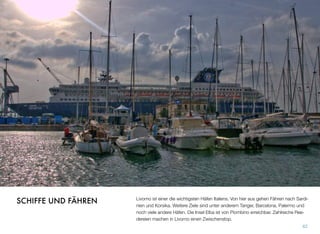 Livorno ist einer die wichtigsten Häfen Italiens. Von hier aus gehen Fähren nach Sardi-
nien und Korsika. Weitere Ziele sind unter anderem Tanger, Barcelona, Palermo und
noch viele andere Häfen. Die Insel Elba ist von Piombino erreichbar. Zahlreiche Ree-
dereien machen in Livorno einen Zwischenstop.
62
SCHIFFE UND FÄHREN
 