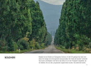 Bolgheri ist ein Ortsteil von Castagneto Carducci. In den Ort gelangt man über eine
etwa 5 km lange und schnurgerade Zypressenallee. Die “Viale dei Cipressi” verbindet
San Guido und Bolgheri. Der Name des Ortes ist von den “Bulgaren” abgeleitet, de-
ren Söldner, die von den Langobarden angeworben wurden, hier stationiert waren.
73
BOLGHERI
 
