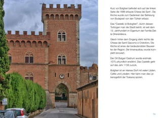Kurz vor Bolgheri beﬁndet sich auf der linken
Seite die 1686 erbaute Chiesa dei Sant’. Die
Kirche wurde zum Gedenken der Befreiung
von Budapest von den Türken erbaut.
Das “Castello di Bologheri”, durch dessen
Torbogen man die Stadt betritt, ist seit dem
13. Jahrhundert im Eigentum der Familie Del-
la Gherardesca.
Gleich hinter dem Eingang steht rechts die
Chiesa dei Santi Giacomo e Cristoforo. Die
Kirche ist eines der bedeutendsten Bauwer-
ke der Region. Der Innenausbau wurde kom-
plett renoviert.
Der Ort Bulgari Castrum wurde erstmals
1075 urkundlich erwähnt. Das Castello geht
auf das Jahr 1158 zurück.
Bolgheri ist ein kleines Dorf mit vielen Läden,
Cafés und Lokalen. Hier kann man das Le-
bensgefühl der Toskana spüren.
74
 