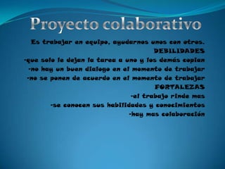Proyecto colaborativoEs trabajar en equipo, ayudarnos unos con otros.DEBILIDADES-que solo le dejan la tarea a uno y los demás copian-no hay un buen dialogo en el momento de trabajar-no se ponen de acuerdo en el momento de trabajarFORTALEZAS-el trabajo rinde mas-se conocen sus habilidades y conocimientos-hay mas colaboración