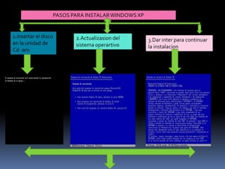 PASOS PARA INSTALAR WINDOWS XP


1.insertar el disco      2.Actualizasion del       3.Dar inter para continuar
en la unidad de          sistema operartivo        la instalacion
Cd -am
 