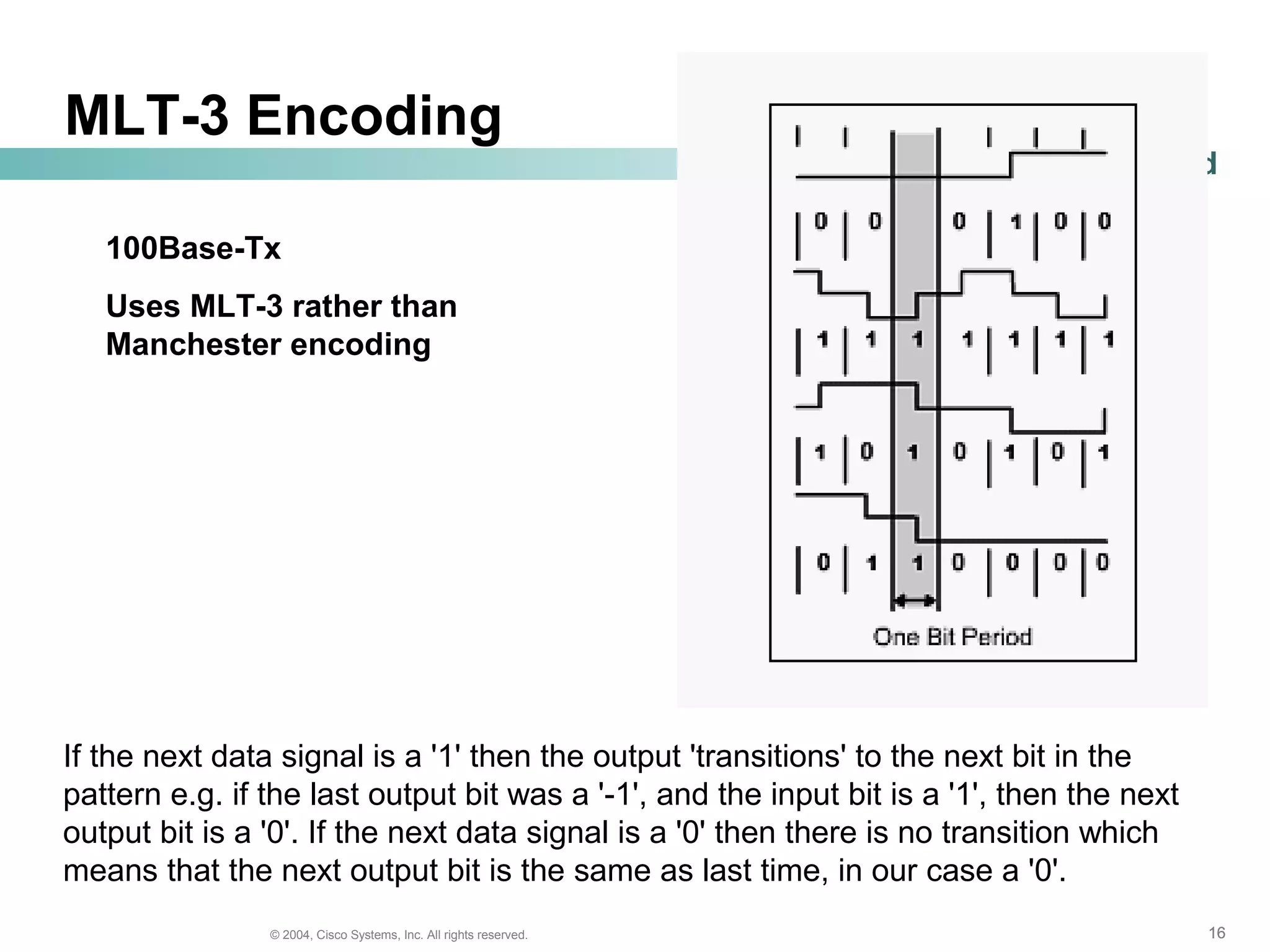 161616© 2004, Cisco Systems, Inc. All rights reserved.
www.pnj.ac.id
MLT-3 Encoding
If the next data signal is a '1' then the output 'transitions' to the next bit in the
pattern e.g. if the last output bit was a '-1', and the input bit is a '1', then the next
output bit is a '0'. If the next data signal is a '0' then there is no transition which
means that the next output bit is the same as last time, in our case a '0'.
100Base-Tx
Uses MLT-3 rather than
Manchester encoding
 