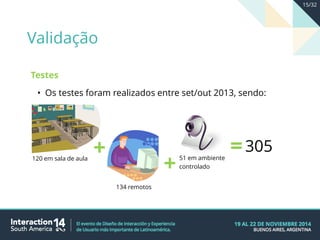 Testes
• Os testes foram realizados entre set/out 2013, sendo:
134 remotos
51 em ambiente
controlado
120 em sala de aula
+
+
=305
Validação
15/32
 