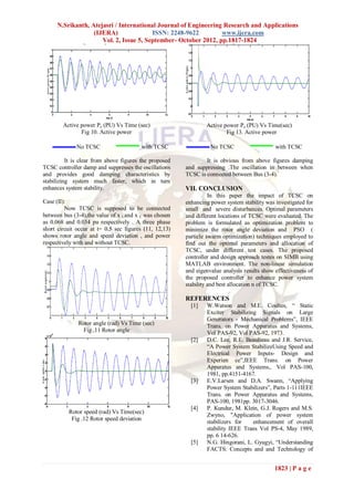 N.Srikanth, Atejasri / International Journal of Engineering Research and Applications
                  (IJERA)               ISSN: 2248-9622         www.ijera.com
                     Vol. 2, Issue 5, September- October 2012, pp.1817-1824




        Active power Pe (PU) Vs Time (sec)                      Active power Pe (PU) Vs Time(sec)
               Fig 10. Active power                                     Fig 13. Active power

              No TCSC                    with TCSC                No TCSC                    with TCSC

          It is clear from above figures the proposed           It is obvious from above figures damping
TCSC controller damp and suppresses the oscillations    and suppressing .The oscillation in between when
and provides good damping characteristics by            TCSC is connected between Bus (3-4).
stabilizing system much faster, which in turn
enhances system stability.                              VII. CONCLUSION
                                                                  In this paper the impact of TCSC on
Case (II):                                              enhancing power system stability was investigated for
         Now TCSC is supposed to be connected           small and severe disturbances. Optimal parameters
between bus (3-4),the value of x Land x C was chosen    and different locations of TCSC were evaluated. The
as 0.068 and 0.034 pu respectively . A three phase      problem is formulated as optimization problem to
short circuit occur at t= 0.5 sec figures (11, 12,13)   minimize the rotor angle deviation and PSO (
shows rotor angle and speed deviation , and power       particle swarm optimization) techniques employed to
respectively with and without TCSC.                     find out the optimal parameters and allocation of
                                                        TCSC, under different test cases. The proposed
                                                        controller and design approach testes on SIMB using
                                                        MATLAB environment. The non-linear simulation
                                                        and eigenvalue analysis results show effectiveness of
                                                        the proposed controller to enhance power system
                                                        stability and best allocation n of TCSC.

                                                        REFERENCES
                                                          [1]   W.Watson and M.E. Coultes, “ Static
                                                                Exciter Stabilizing Signals on Large
                                                                Generators - Mechanical Problems”, IEEE
              Rotor angle (rad) Vs Time (sec)                   Trans. on Power Apparatus and Systems,
                Fig .11 Rotor angle                             Vol PAS-92, Vol PAS-92, 1973.
                                                          [2]   D.C. Lee, R.E. Beaulieau and J.R. Service,
                                                                “A Power System StabilizeUsing Speed and
                                                                Electrical Power Inputs- Design and
                                                                Experien ce”,IEEE Trans. on Power
                                                                Apparatus and Systems,. Vol PAS-100,
                                                                1981, pp.4151-4167.
                                                          [3]   E.V.Larsen and D.A. Swann, “Applying
                                                                Power System Stabilizers”, Parts 1-111IEEE
                                                                Trans. on Power Apparatus and Systems,
                                                                PAS-100, 1981pp. 3017-3046.
                                                          [4]   P. Kundur, M. Klein, G.J. Rogers and M.S.
          Rotor speed (rad) Vs Time(sec)
                                                                Zwyno, "Application of power system
           Fig .12 Rotor speed deviation
                                                                stabilizers for   enhancement of overall
                                                                stability IEEE Trans Vol PS-4, May 1989,
                                                                pp. 6 14-626.
                                                          [5]   N.G. Hingorani, L. Gyugyi, “Understanding
                                                                FACTS: Concepts and and Technology of


                                                                                            1823 | P a g e
 