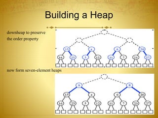 Building a Heap
downheap to preserve
the order property
now form seven-element heaps
 