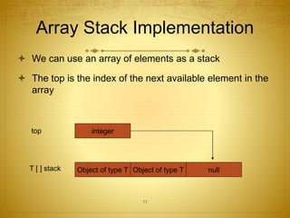11
Array Stack Implementation
 We can use an array of elements as a stack
 The top is the index of the next available element in the
array
top integer
Object of type T Object of type T nullT [ ] stack
 