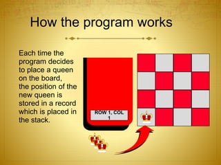How the program works
Each time the
program decides
to place a queen
on the board,
the position of the
new queen is
stored in a record
which is placed in
the stack.
ROW 1, COL
1
 