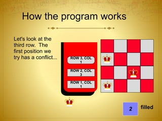 How the program works
Let's look at the
third row. The
first position we
try has a conflict...
ROW 1, COL
1
2 filled
ROW 2, COL
3
ROW 3, COL
1
 