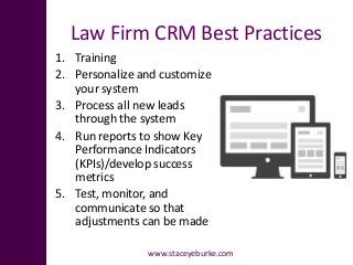 Law Firm CRM Best Practices
1. Training
2. Personalize and customize
your system
3. Process all new leads
through the syst...