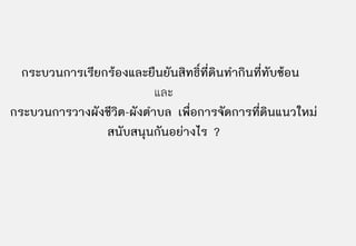 กระบวนการเรียกรองและยืนยันสิทธิ์ที่ดินทํากินที่ทับซอน
                          และ
กระบวนการวางผังชีวต-ผังตําบล เพื่อการจัดการที่ดินแนวใหม
                  ิ
                สนับสนุนกันอยางไร ?
 