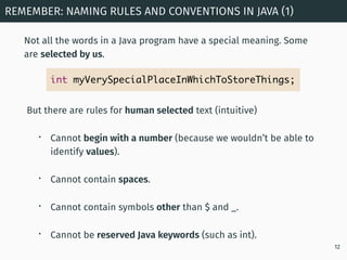 Not all the words in a Java program have a special meaning. Some
are selected by us.
REMEMBER: NAMING RULES AND CONVENTION...