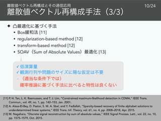 3/3
10/24
✦
• Box [11]
• regularization-based method [12]
• transform-based method [12]
• SOAV Sum of Absolute Values [13]
[11] P. H. Tan, L. K. Rasmussen, and T. J. Lim, “Constrained maximum-likelihood detection in CDMA,” IEEE Trans.
Commun., vol. 49, no. 1, pp. 142–153, Jan. 2001.
[12] A. Aïssa-El-Bey, D. Pastor, S. M. A. Sbaï, and Y. Fadlallah, “Sparsity-based recovery of finite alphabet solutions to
underdetermined linear systems,” IEEE Trans. Inf. Theory, vol. 61, no. 4, pp. 2008–2018, Apr. 2015.
[13] M. Nagahara, “Discrete signal reconstruction by sum of absolute values,” IEEE Signal Process. Lett., vol. 22, no. 10,
pp. 1575–1579, Oct. 2015.
✓
✓
-  
 
