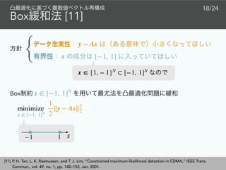 Box [11]
[11] P. H. Tan, L. K. Rasmussen, and T. J. Lim, “Constrained maximum-likelihood detection in CDMA,” IEEE Trans.
Commun., vol. 49, no. 1, pp. 142–153, Jan. 2001.
18/24
Box s ∈ [−1, 1]N
minimize
1−1 s
y − As
s [−1, 1]{
1
2
∥y − As∥2
2
s ∈ [−1, 1]N
x ∈ {1, − 1}N
⊂ [−1, 1]N
 