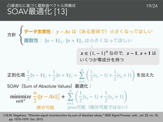 SOAV [13]
19/24
[13] M. Nagahara, “Discrete signal reconstruction by sum of absolute values,” IEEE Signal Process. Lett., vol. 22, no. 10,
pp. 1575–1579, Oct. 2015.
 x ∈ {1, − 1}N
x − 1, x + 1
y − As
∥s − 1∥1, ∥s + 1∥1{
SOAV Sum of Absolute Values
1
2
∥s − 1∥1 +
1
2
∥s + 1∥1 =
N
∑
n=1
(
1
2
|sn − 1| +
1
2
|sn + 1|
)
prox
minimize
s∈ℝN
α
2
∥y − As∥2
2 +
N
∑
n=1
(
1
2
|sn − 1| +
1
2
|sn + 1|
)
 