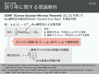 [22] C. Thrampoulidis, E. Abbasi, and B. Hassibi, “Precise error analysis of regularized M-estimators in high dimensions,”
IEEE Trans. Inf. Theory, vol. 64, no. 8, pp. 5592–5628, Aug. 2018.
[23] C. Thrampoulidis, W. Xu, and B. Hassibi, “Symbol error rate performance of box-relaxation decoders in massive
MIMO,” IEEE Trans. Signal Process., vol. 66, no. 13, pp. 3377–3392, Jul. 2018.
22/24
SER
1
N
∥sign( ̂xBox) − x∥0
CGMT Convex Gaussian Min-max Theorem [22, 23]
Box SER Symbol Error Rate
M, N → ∞ (M/N = Δ)
1 − P
(
1
τ* )
SER
Boxx ∈ {1, − 1}N
✦ 0 i.i.d.
✦ 0 i.i.d.
A
v
 