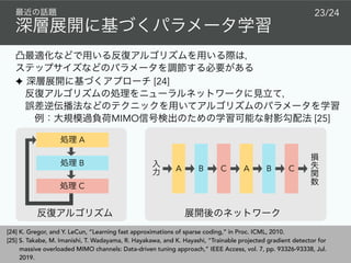 [24] K. Gregor, and Y. LeCun, “Learning fast approximations of sparse coding,” in Proc. ICML, 2010.
[25] S. Takabe, M. Imanishi, T. Wadayama, R. Hayakawa, and K. Hayashi, "Trainable projected gradient detector for
massive overloaded MIMO channels: Data-driven tuning approach,” IEEE Access, vol. 7, pp. 93326-93338, Jul.
2019.
23/24
 
✦ [24]
 
MIMO [25]
A
B
C
A B C A B C
 