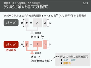x ∈ ℝN
y = Ax ∈ ℝM
(A ∈ ℝM×N
)
ç
y A x=M = N M N
M < N y A x=M N
̂x = A−1
y
̂x = ✓ 

✦ 

✦
x
1/24
 