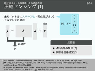 [1]
✦ MRI [2]
✦ [3]
2/24
xAy = + v
̂x
x =
0
0
0
1.4
0
0
[1] D. L. Donoho, “Compressed sensing,” IEEE Trans. Inf. Theory, vol. 52, no. 4, pp. 1289–1306, Apr. 2006.
[2] M. Lustig, D. L. Donoho, J. M. Santos, and J. M. Pauly, “Compressed sensing MRI,” IEEE Signal Process. Mag.,
vol. 25, no. 2, pp. 72–82, Mar. 2008.
[3] K. Hayashi, M. Nagahara, and T. Tanaka, “A user’s guide to compressed sensing for communications systems,”
IEICE Trans. Commun., vol. E96-B, no. 3, pp. 685–712, Mar. 2013.
 