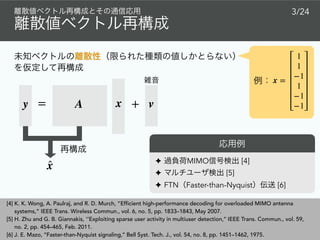 ✦ MIMO [4]
✦ [5]
✦ FTN Faster-than-Nyquist [6]
[4] K. K. Wong, A. Paulraj, and R. D. Murch, “Efficient high-performance decoding for overloaded MIMO antenna
systems,” IEEE Trans. Wireless Commun., vol. 6, no. 5, pp. 1833–1843, May 2007.
[5] H. Zhu and G. B. Giannakis, ‘’Exploiting sparse user activity in multiuser detection,’’ IEEE Trans. Commun., vol. 59,
no. 2, pp. 454–465, Feb. 2011.
[6] J. E. Mazo, ‘‘Faster-than-Nyquist signaling,’’ Bell Syst. Tech. J., vol. 54, no. 8, pp. 1451–1462, 1975.
3/24
xAy = + v
̂x
x =
1
1
−1
1
−1
−1
 