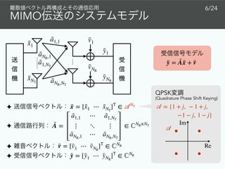 MIMO
6/24
˜x1
✦
✦
✦
✦
˜x = [˜x1 ⋯ ˜xNT
] 𝖳
∈ 𝒜NT
˜A =
˜a1,1 ⋯ ˜a1,NT
⋮ ⋱ ⋮
˜aNR,1 ⋯ ˜aNR,NT
∈ ℂNR×NT
˜v = [˜v1 ⋯ ˜vNR
] 𝖳
∈ ℂNR
˜y = [˜y1 ⋯ ˜yNR
] 𝖳
∈ ℂNR
˜xNT
˜a1,1
˜aNR,1
˜a1,NT
˜aNR,NT
˜v1
˜vNR
˜y1
˜yNR
˜y = ˜A˜x + ˜v
QPSK
(Quadrature Phase Shift Keying)
𝒜
Re
Im
𝒜 = {1 + j, − 1 + j,
−1 − j, 1 − j}
 