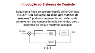 Introdução ao Sistemas de Controle
Seguindo a frase do celebre filosofo chino Confúcio
que diz: “Um esquema diz mais que milhões de
palavras”, podemos representar um sistema de
controle, em sua concepção mais elementar, pelo o
diagrama de bloque mostrado a seguir:
Fig. 1
CONTROLADOR
ELEMENTO
FINAL DE
CONTROLE
PROCESSO
CONTROLADO
ELEMENTO DE
MEDIÇÃO
Referencia ou
valor desejado Saída do
sistemaErro
+
-
 