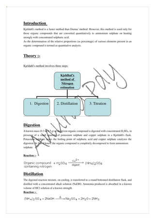 Introduction
Kjeldahl's method is a faster method than Dumas' method. However, this method is used only for
those organic compounds that are converted quantitatively to ammonium sulphate on heating
strongly with concentrated sulphuric acid.
As the determination of the relative proportions (as percentage) of various elements present in an
organic compound is termed as quantitative analysis.
Theory :-
Kjeldahl's method involves three steps:
Digestion
A known mass (0.3 to 0.5 g) of the given organic compound is digested with concentrated H2SO4, in
presence of a small quantity of potassium sulphate and copper sulphate in a Kjeldahl's flask.
Potassium sulphate raises the boiling point of sulphuric acid and copper sulphate catalyzes the
digestion. In 3 to 4 hours, the organic compound is completely decomposed to form ammonium
sulphate.
Reaction :-
Distillation
The digested reaction mixture, on cooling, is transferred to a round bottomed distillation flask, and
distilled with a concentrated alkali solution (NaOH). Ammonia produced is absorbed in a known
volume of HCl solution of a known strength.
Reaction :-
Kjeldhal’s
method of
Nitrogen
estimation
1. Digestion 2. Distillation 3. Titration
 