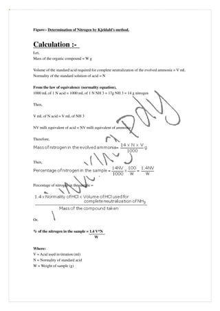 Figure:- Determination of Nitrogen by Kjeldahl's method.
Calculation :-
Let,
Mass of the organic compound = W g
Volume of the standard acid required for complete neutralization of the evolved ammonia = V mL
Normality of the standard solution of acid = N
From the law of equivalence (normality equation),
1000 mL of 1 N acid = 1000 mL of 1 N NH 3 = 17g NH 3 = 14 g nitrogen
Then,
V mL of N acid = V mL of NH 3
NV milli equivalent of acid = NV milli equivalent of ammonia
Therefore,
Then,
Percentage of nitrogen in the sample =
Or,
% of the nitrogen in the sample = 1.4 V*N
W
Where:
V = Acid used in titration (ml)
N = Normality of standard acid
W = Weight of sample (g)
 