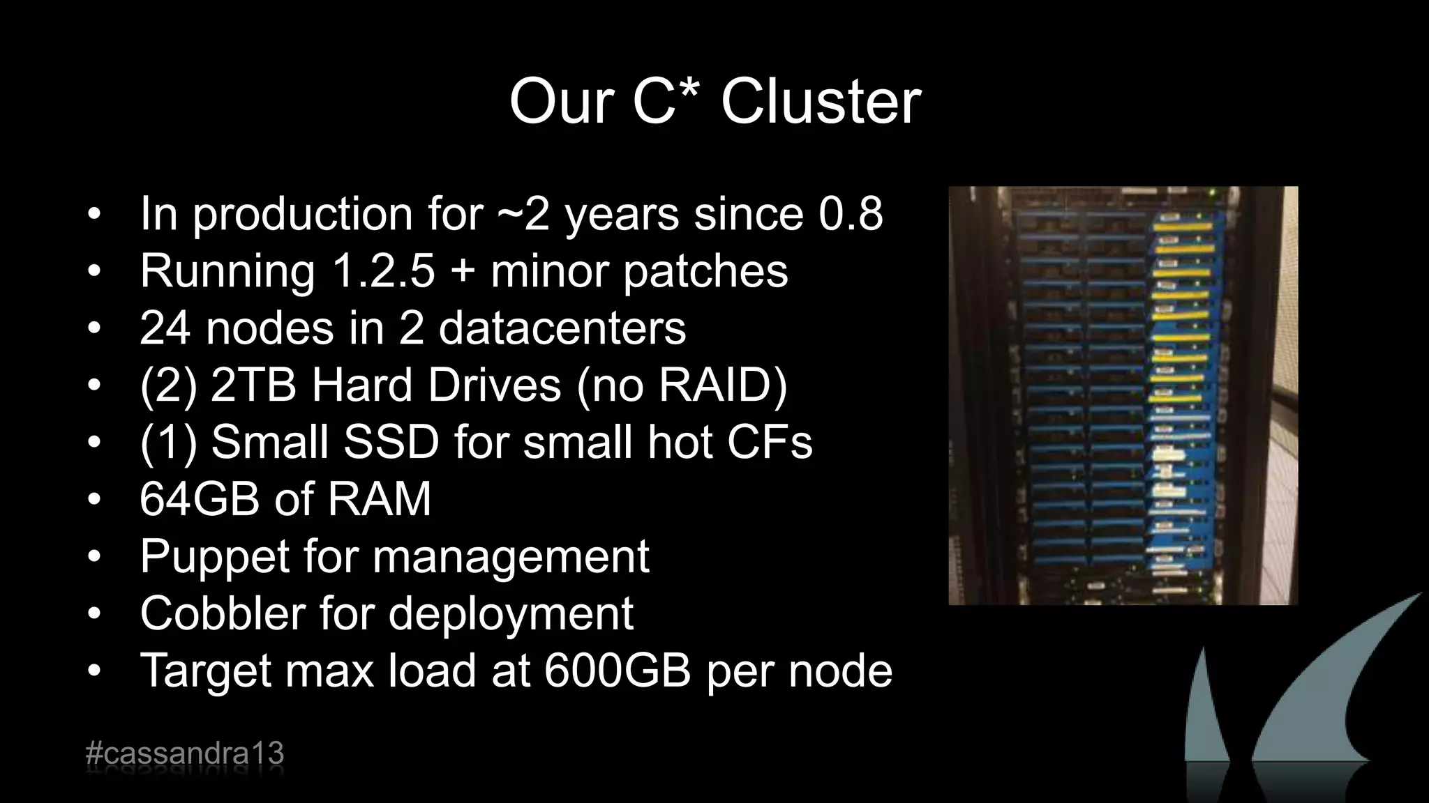 Our C* Cluster
• In production for ~2 years since 0.8
• Running 1.2.5 + minor patches
• 24 nodes in 2 datacenters
• (2) 2TB Hard Drives (no RAID)
• (1) Small SSD for small hot CFs
• 64GB of RAM
• Puppet for management
• Cobbler for deployment
• Target max load at 600GB per node
#cassandra13
 