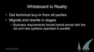 Whiteboard to Reality
• Get technical buy-in from all parties
• Migrate and rewrite in stages
– Business requirements forced hybrid period with the
old and new systems operated in parallel
#cassandra13
 