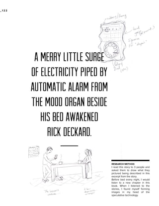 _122

A merry little surge
of electricity piped by
automatic alarm from
the mood organ beside
his bed awakened
Rick Deckard.
RESEARCH METHOD

I read this story to 3 people and
asked them to draw what they
pictured being described in this
excerpt from the story.
Before bed every night, I would
listen to a new chapter in this
book. When I listened to the
stories, I found myself forming
images in my head of the
speculative technology.

 