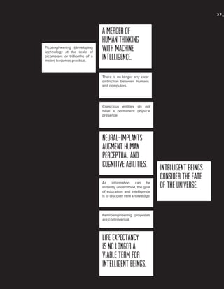27_

Picoengineering (developing
technology at the scale of
picometers or trillionths of a
meter) becomes practical.

A merger of
human thinking
with machine
intelligence.
There is no longer any clear
distinction between humans
and computers.

Conscious entities do not
have a permanent physical
presence.

Neural-implants
augment human
perceptual and
cognitive abilities.
As information can be
instantly understood, the goal
of education and intelligence
is to discover new knowledge.

_2072

Femroengineering proposals
_2099
are controversial.

Life expectancy
is no longer a
viable term for
intelligent beings.

Intelligent beings
consider the fate
of the Universe.

_DISTANTLY

 