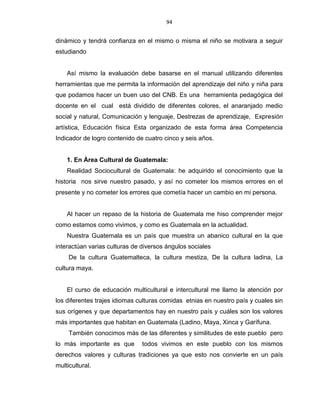 94
dinámico y tendrá confianza en el mismo o misma el niño se motivara a seguir
estudiando
Así mismo la evaluación debe basarse en el manual utilizando diferentes
herramientas que me permita la información del aprendizaje del niño y niña para
que podamos hacer un buen uso del CNB. Es una herramienta pedagógica del
docente en el cual está dividido de diferentes colores, el anaranjado medio
social y natural, Comunicación y lenguaje, Destrezas de aprendizaje, Expresión
artística, Educación física Esta organizado de esta forma área Competencia
Indicador de logro contenido de cuatro cinco y seis años.
1. En Área Cultural de Guatemala:
Realidad Sociocultural de Guatemala: he adquirido el conocimiento que la
historia nos sirve nuestro pasado, y así no cometer los mismos errores en el
presente y no cometer los errores que cometía hacer un cambio en mi persona.
Al hacer un repaso de la historia de Guatemala me hiso comprender mejor
como estamos como vivimos, y como es Guatemala en la actualidad.
Nuestra Guatemala es un país que muestra un abanico cultural en la que
interactúan varias culturas de diversos ángulos sociales
De la cultura Guatemalteca, la cultura mestiza, De la cultura ladina, La
cultura maya.
El curso de educación multicultural e intercultural me llamo la atención por
los diferentes trajes idiomas culturas comidas etnias en nuestro país y cuales sin
sus orígenes y que departamentos hay en nuestro país y cuáles son los valores
más importantes que habitan en Guatemala (Ladino, Maya, Xinca y Garífuna.
También conocimos más de las diferentes y similitudes de este pueblo pero
lo más importante es que todos vivimos en este pueblo con los mismos
derechos valores y culturas tradiciones ya que esto nos convierte en un país
multicultural.
 