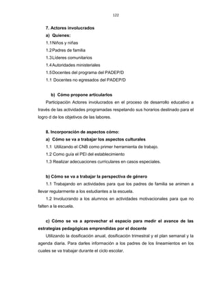 122
7. Actores involucrados
a) Quienes:
1.1Niños y niñas
1.2Padres de familia
1.3Líderes comunitarios
1.4Autoridades ministeriales
1.5Docentes del programa del PADEP/D
1.1 Docentes no egresados del PADEP/D
b) Cómo propone articularlos
Participación Actores involucrados en el proceso de desarrollo educativo a
través de las actividades programadas respetando sus horarios destinado para el
logro d de los objetivos de las labores.
8. Incorporación de aspectos cómo:
a) Cómo se va a trabajar los aspectos culturales
1.1 Utilizando el CNB como primer herramienta de trabajo.
1.2 Como guía el PEI del establecimiento
1.3 Realizar adecuaciones curriculares en casos especiales.
b) Cómo se va a trabajar la perspectiva de género
1.1 Trabajando en actividades para que los padres de familia se animen a
llevar regularmente a los estudiantes a la escuela.
1.2 Involucrando a los alumnos en actividades motivacionales para que no
falten a la escuela.
c) Cómo se va a aprovechar el espacio para medir el avance de las
estrategias pedagógicas emprendidas por el docente
Utilizando la dosificación anual, dosificación trimestral y el plan semanal y la
agenda diaria. Para darles información a los padres de los lineamientos en los
cuales se va trabajar durante el ciclo escolar.
 
