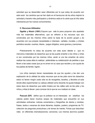57
actividad que se desarrollen sean diferentes por lo que estoy de acuerdo con
este autor los cambios que se han dado en el transcurso de los años mejorar la
actividad y hacerlo más participativo y dinámico está en lo cierto que el niño debe
interesarse por los nuevos conocimientos.
C. Recursos Utilizados:
Ogalde y Nissin (1991) Expone que vale la pena proponer otro apartado
más los materiales alternativos, que se refieren a los recursos que son
construidos por los mismos niños sobre la base de la acción grupal y de
acuerdos con sus propias necesidades e intereses carteles, murales, y chistes
periódico escolar, cuentos, títeres, juegos dirigidos, socio gramas y canciones.
Prácticamente no estoy de acuerdo con este autor debido a que no
menciona materiales de desechos que se les puede enseñar a los niños y niñas
si son construidos por los mismos niños, serán si uno les enseñan de cómo
realizar las cosas ellos lo realizan pidiéndoles su colaboración de pedirles a que
lleven a las aulas cosas que ya no sirven en su casa que reciclen y con ayuda de
los padres de familia logren.
Los niños siempre tienen necesidades de que los ayuden y les den una
explicación de la utilidad de estos recursos que se les pide como los desechos
estos no tienen ningún costo solo es de recogerlos, lavarlos, y llevarlos al aula
donde ellos experimentan su valiosa utilidad como docente me gusta trabajar con
estos tipos de desechos que están tirados por las calles solo se les pide y los
niños y niñas lo llevan para conocer de lo que se va a realizar en clase.
Pascual (S/F) define que el profesor es el interesado en clasificar los
valores podrá hacer muchos acopio de materiales que encuentre en sus
actividades ordinarias: noticias comentarios y fotografías de diarios y revistas;
frases, textos o escenas de obras literarias; tarjetas, posters; programas de TV:
colección de preguntas productivas y de temas de interés. Fichas que describan
roles en diferentes dramatizaciones; canciones. Los mismos alumnos pueden
 