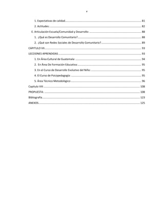 v
1. Expectativas de calidad....................................................................................................... 81
2. Actitudes:............................................................................................................................ 82
E. Articulación Escuela/Comunidad y Desarrollo: ...................................................................... 88
1. ¿Qué es Desarrollo Comunitario?...................................................................................... 88
2. ¿Qué son Redes Sociales de Desarrollo Comunitario?...................................................... 89
CAPITULO VII................................................................................................................................... 93
LECCIONES APRENDIDAS................................................................................................................ 93
1. En Área Cultural de Guatemala: ......................................................................................... 94
2. En Área De Formación Educativa:...................................................................................... 95
3. En el Curso de Desarrollo Evolutivo del Niño:.................................................................... 95
4. El Curso de Psicopedagogía:............................................................................................... 95
5. Área Técnico Metodológico:............................................................................................... 96
Capitulo VIII .................................................................................................................................. 108
PROPUESTA: ................................................................................................................................. 108
Bibliografía.................................................................................................................................... 123
ANEXOS......................................................................................................................................... 125
 