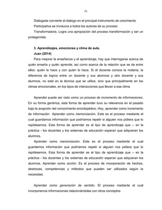 71
Dialogada convierte el dialogo en el principal instrumento de crecimiento
Participativa se involucra a todos los autores de su proceso
Transformadora. Logra una apropiación del proceso transformación y ser un
protagonista.
3. Aprendizajes, emociones y clima de aula.
Juan (2014)
Para mejorar la enseñanza y el aprendizaje, hay que interrogarse acerca de
quién enseña y quién aprende, así como acerca de la relación que se da entre
ellos: quién lo hace y con quién lo hace. Si el docente conoce la materia, la
diferencia de logros entre un docente y sus alumnos y otro docente y sus
alumnos, no está en la técnica que se utilice, sino que principalmente en los
climas emocionales, en los tipos de interacciones que llevan a ese clima
Aprender puede ser visto como un proceso de incremento de informaciones.
En su forma genérica, esta forma de aprender tuvo su relevancia en el pasado
bajo la acepción del conocimiento enciclopédico. Hoy, aprender como incremento
de información Aprender como memorización. Este es el proceso mediante el
cual guardamos información que podríamos repetir si alguien nos pidiera que lo
repitiésemos. Esta forma de aprender es el tipo de aprendizaje que – en la
práctica - los docentes y los sistemas de educación esperan que adquieran los
alumnos.
Aprender como memorización. Este es el proceso mediante el cual
guardamos información que podríamos repetir si alguien nos pidiera que lo
repitiésemos. Esta forma de aprender es el tipo de aprendizaje que – en la
práctica - los docentes y los sistemas de educación esperan que adquieran los
alumnos. Aprender como acción. Es el proceso de incorporación de hechos,
destrezas, competencias y métodos que pueden ser utilizados según la
necesidad.
Aprender como generación de sentido. El proceso mediante el cual
incorporamos informaciones relacionándolas con otros conceptos
 