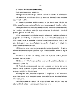 85
k) Función de Intervención Educativa.
Debe abarcar aspectos tales como:
1.1 Organizar un ambiente que estimule y oriente la actividad de los niños/as.
1.2 Aprovechar momentos óptimos del desarrollo del niño/a para enseñarle
determinados hábitos.
1.3 Sugerir actividades, ayudar al niño/a a que se exprese, recoger sus
iniciativas y ofrecerles medios suficientes como para que pueda llevarlas a cabo.
1.4 Organizar un marco en las que sean posibles las interacciones verbales y
no verbales, estimulando todos los tipos diferentes de expresión (corporal,
plástica, gestual, musical, etc.).
1.5 De los espacios: dispondré el espacio del aula de manera que facilite el
juego libre e individual y el conocimiento del grupo. Para ello estableceré una
zona de juego libre (la alfombra), una zona de juego individual (su mesa) y una
zona de juego en grupo pequeño (los rincones). En este periodo de adaptación
prepararé los siguientes rincones
1.6 Rincón de construcciones: con piezas de madera, de plástico y de goma-
espuma de diferentes figuras y colores; cajas y tubos de cartón, tarros de yogurt,
etc.
1.7 Rincón de la casa: con cocina y accesorios, muñecas, teléfono, cojines,
armarios, escobas, cubos,...
1.8 Rincón de vehículos: con coches, barcos, motos, señales, alfombra con
carretera o ciudad, etc.
1.9 Rincón de psicomotricidad fina: con bandejas con arena, de harina,
aserrín, tablas, plastilina, crayones, ceras, tizas, pizarras pequeñas, bolas de
ensartar,, papeles de distintos tipos.
A lo largo del curso, después del periodo de adaptación se irán cambiando
unos rincones por otros, o simplemente si el espacio físico lo permite añadiendo
rincones nuevos.
También decoraré las paredes con dibujos alusivos a los rincones, para que
dé un ambiente cálido, y afectivo que invite a entrar en él.
 