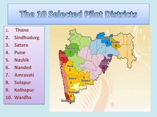 1.    Thane
2.    Sindhudurg
3.    Satara
4.    Pune
5.    Nashik
6.    Nanded
7.    Amravati
8.    Solapur
9.    Kolhapur
10.   Wardha
 