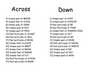 Across                           Down
3) Simple past of BRING        1) Simple past of HURT
5) Simple Past of STICK        2) Simple past of CHOOSE
8) Simple past of SING         3) Past participle of BE
10) Simple past of EAT         4) Past Participle of TAKE
11) Simple past of FEED        6) Simple Past of UNDERSTAND
12) Past Participle of SHAKE   7) Simple past of SIT
16) Past participle of SELL    9) Past participle of GO
17) Past participle of READ    13) Simple past of HEAR
18) Simple Past of LEAVE       14) Past participle of SWIM
20) Simple past of MEET        15) Past participle of WRITE
21) Simple Past of DRAW        19) Simple past of GO
24) Simple Past of DRINK       22) Simple past of PAY
25) Simple Past of FLY         23) Simple past of WIN
26) Past Participle of STAND
27) Past participle of MAKE
 