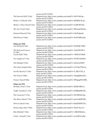 191

acesso em 03/12/2010
The Karnival Kid(7:42m)
Disponível em: http://www.youtube.com/watch?v=fIa1Tvbh1qo ,
acesso em 03/12/2010
Mickey‟s Follies(6:25m)
Disponível em: http://www.youtube.com/watch?v=0GlIfGZ-B_Q ,
acesso em 03/12/2010
Mickey‟s Choo Choo(6:53m) Disponível em: http://www.youtube.com/watch?v=IvZdUlbTs6U,
acesso em 03/12/2010
The Jazz Fool(5:54m)
Disponível em: http://www.youtube.com/watch?v=MGyuuE5huNo,
acesso em 03/12/2010
Haunted House(6:47m)
Disponível em: http://www.youtube.com/watch?v=s8LiPoIpxnk,
acesso em 03/12/2010
Wild Waves(7:03m)
Disponível em: http://www.youtube.com/watch?v=Pcz8YM8sAu0,
acesso em 03/12/2010
Filmes de 1930
Just Mickey(6:54m)
The Barnyard Concert
(5:56m)
Cactus Kid(7:28m)
Fire Fighters(7:17m)
The Shindig(7:05m)
The Chain Gang(8:02m)
Gorilla Mystery(7:33m)
The Picnic(7:08m)
Pioneer Days(8:00m)
Filmes de 1931
Birthday Party(7:32m)
Traffic Troubles(7:15m)
The Castaway(7:27m)
The Moose Hunt(7:27m)
Delivery Boy(8:14m)
Mickey Steps Out(7:20m)
Blue Rhythm(7:26m)
Fishin‟ Around(7:21m)

Disponível em: http://www.youtube.com/watch?v=NeZDJjC19KU
,acesso em 04/12/2010
Disponível em: http://www.youtube.com/watch?v=Ya4LfXCfFCc
,acesso em 04/12/2010
Disponível em: http://www.youtube.com/watch?v=-hh9J1LCHnM
,acesso em 04/12/2010
Disponível em: http://www.youtube.com/watch?v=PT4TH-d5OO4
,acesso em 04/12/2010
Disponível em: http://www.youtube.com/watch?v=lclGyUj24MY
,acesso em 04/12/2010
Disponível em: http://www.youtube.com/watch?v=cYV9nyTWw5c,
acesso em 04/12/2010
Disponível em: http://www.youtube.com/watch?v=0_f9kA71D_4,
aceso em 04/12/2010
Disponível em: http://www.youtube.com/watch?v=AkogQmktxNA ,
acesso em 04/12/2010
Disponível em: http://www.youtube.com/watch?v=HWgngSYGrM0 ,
acesso em 04/12/2010
Disponível em: http://www.youtube.com/watch?v=QrGRvIRfxvI ,
acesso em 04/12/2010
Disponível em: http://www.youtube.com/watch?v=kNMPpJlRvXE ,
acesso em 04/12/2010
Disponível em: http://www.youtube.com/watch?v=NJ1MZ5d3z2g ,
acesso em 04/12/2010
Disponível em: http://www.youtube.com/watch?v=pw5xoKfRYBU ,
acesso em 04/12/2010
Disponível em: http://www.youtube.com/watch?v=QwKlSDXUlUs ,
acesso em 04/12/2010
Disponível em: http://www.youtube.com/watch?v=NmIr-Nxy-5s ,
acesso em 04/12/2010
Disponível em: http://www.youtube.com/watch?v=vIIKXOhJmtw ,
acesso em 04/12/2010
Disponível em: http://www.youtube.com/watch?v=eveLB1LLeHg ,
acesso em 04/12/2010

 