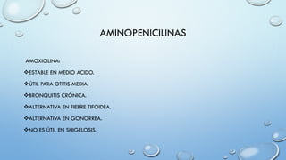 AMINOPENICILINAS
AMOXICILINA:
ESTABLE EN MEDIO ACIDO.
ÚTIL PARA OTITIS MEDIA.
BRONQUITIS CRÓNICA.
ALTERNATIVA EN FIEBRE TIFOIDEA.
ALTERNATIVA EN GONORREA.
NO ES ÚTIL EN SHIGELOSIS.
 