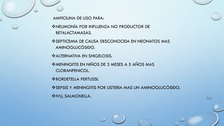AMPICILINA DE USO PARA:
NEUMONÍA POR INFLUENZA NO PRODUCTOR DE
BETALACTAMASAS.
SEPTICEMIA DE CAUSA DESCONOCIDA EN NEONATOS MAS
AMINOGLUCÓSIDO.
ALTERNATIVA EN SHIGELOSIS.
MENINGITIS EN NIÑOS DE 3 MESES A 5 AÑOS MAS
CLORANFENICOL.
BORDETELLA PERTUSSI.
SEPSIS Y MENINGITIS POR LISTERIA MAS UN AMINOGLUCÓSIDO.
IVU, SALMONELLA.
 