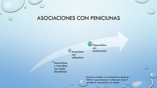 ASOCIACIONES CON PENICILINAS
Amoxicilina
y ticarcilina
con acido
clavulánico
Ampicilina
con
sulbactam
Piperacilina
con
tazobactam
Bacterias sensibles a la asociación se destacan:
SARM, N. gonorrhoeae, H. influenzae, E.coli, P.
mirabilis, K. pneumoniae y B. fragilis.
 