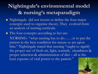 Nightingale’s environmental model
& nursing’s metaparadigm
 Nightingale did not invent or define the four major
concepts ...