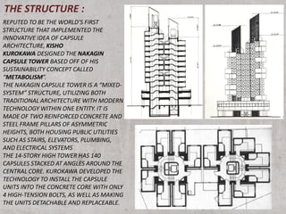 THE STRUCTURE :
REPUTED TO BE THE WORLD’S FIRST
STRUCTURE THAT IMPLEMENTED THE
INNOVATIVE IDEA OF CAPSULE
ARCHITECTURE, KISHO
KUROKAWA DESIGNED THE NAKAGIN
CAPSULE TOWER BASED OFF OF HIS
SUSTAINABILITY CONCEPT CALLED
“METABOLISM”.
THE NAKAGIN CAPSULE TOWER IS A “MIXED-
SYSTEM” STRUCTURE, UTILIZING BOTH
TRADITIONAL ARCHITECTURE WITH MODERN
TECHNOLOGY WITHIN ONE ENTITY. IT IS
MADE OF TWO REINFORCED CONCRETE AND
STEEL FRAME PILLARS OF ASYMMETRIC
HEIGHTS, BOTH HOUSING PUBLIC UTILITIES
SUCH AS STAIRS, ELEVATORS, PLUMBING,
AND ELECTRICAL SYSTEMS
THE 14-STORY HIGH TOWER HAS 140
CAPSULES STACKED AT ANGLES AROUND THE
CENTRAL CORE. KUROKAWA DEVELOPED THE
TECHNOLOGY TO INSTALL THE CAPSULE
UNITS INTO THE CONCRETE CORE WITH ONLY
4 HIGH-TENSION BOLTS, AS WELL AS MAKING
THE UNITS DETACHABLE AND REPLACEABLE.
 