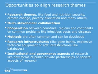 Opportunities to align research themes
 Research themes, like food and nutrition security,
climate change, poverty alleviation and many others.
 Multi-stakeholder collaboration
 Cooperation between countries, regions and continents
on common problems like infectious pests and diseases
 Methods are often common and can be developed
 Research infrastructures (like gene banks, expensive
technical equipment or soft infrastructures like
databases)
 Institutional and governance aspects of research
like new forms of public-private partnerships or societal
aspects of research
 