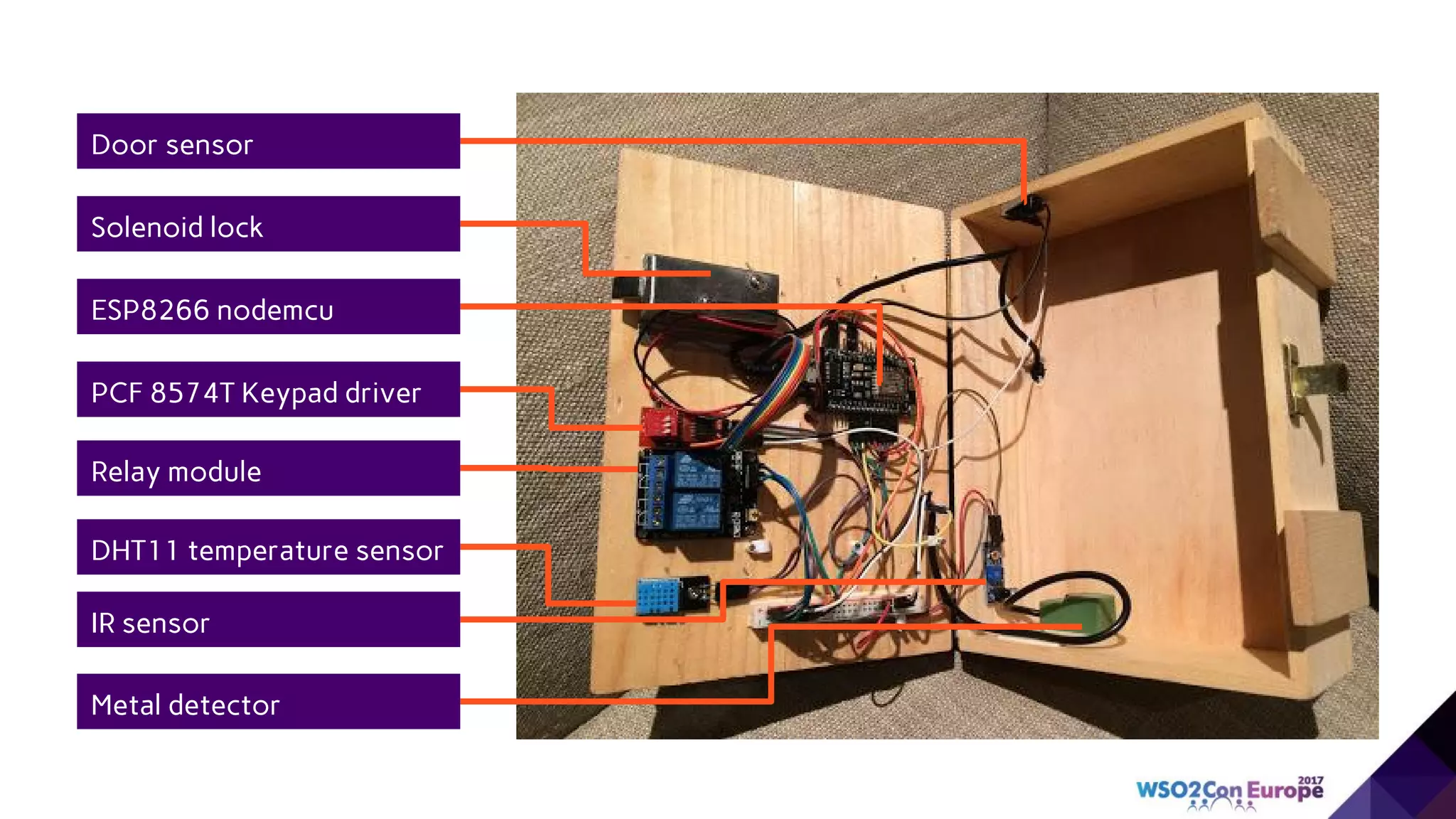 ESP8266 nodemcu
PCF 8574T Keypad driver
Relay module
DHT11 temperature sensor
Door sensor
IR sensor
Metal detector
Solenoid lock
 